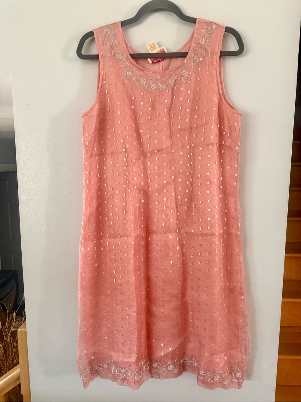 April Cornell Silk Peach Sheer Overlay Embroidered Tunic Shift Dress Medium